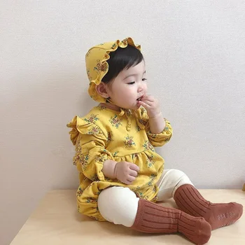 2020 Otoño Recién Nacido Bebé De Las Niñas Trajes De Volantes Puff Manga Floral Bebé Mono De Las Niñas De Bebé De Cumpleaños Ropa Con Sombrero