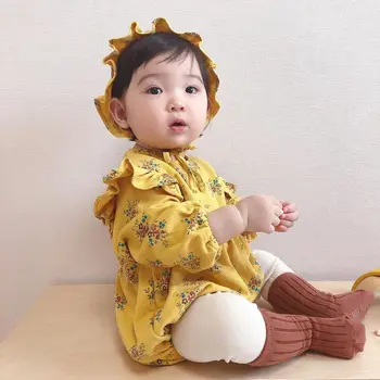 2020 Otoño Recién Nacido Bebé De Las Niñas Trajes De Volantes Puff Manga Floral Bebé Mono De Las Niñas De Bebé De Cumpleaños Ropa Con Sombrero