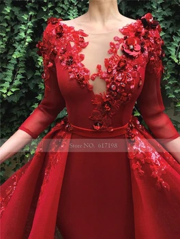 2020 Rojo Elegante de Cuello redondo de Encaje Vestidos de Noche con Mangas Largas, Apliques en 3D Floral de la Longitud del Piso de la Noche Vestidos de Baile de promoción Con Sobre Falda