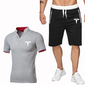 2020 Tesla Logo de Polo, camiseta + pantalones Cortos de Algodón Carta de Impresión de la Moda de Cuello Redondo de Manga Corta T-Shirt Conjunto