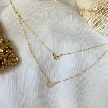 2020 un Nuevo y Delicado Chic corea 18k Chapado en Oro Cristal Llena de Suave Doble Mariposa Capas de Collares De Señora de las Mujeres de la Joyería