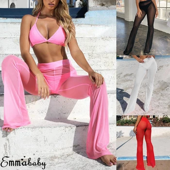 2020 Ver A Través De Quemado De Malla De Verano En Playa Larga Pantalones Mujer Pantalones De Cintura Alta Pantalones 516