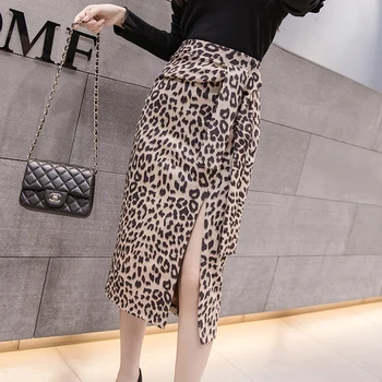 2020 Verano Estilo coreano Dividir Vendaje Leopard Faldas para Mujer de la Alta Cintura Sexy Hip OL Falda Lápiz Casual de Una Línea de Frijoles de Punto Faldas