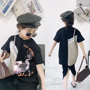 2020 verano nuevo estilo de costura de falsos diseño impreso de manga corta T-shirt niñas niños