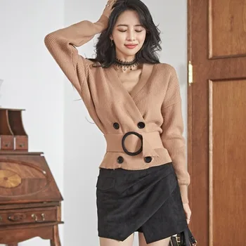 2020Autumn/invierno Nuevo coreano de los géneros de punto de las mujeres de manga larga chaqueta de la cintura con cordones suéter de pelo corto