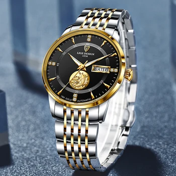 2020New LIGE los Hombres Reloj de la parte Superior de la Marca de Lujo de Oro de Negocio de los Relojes Mecánicos De los Hombres de Acero Inoxidable 100M Impermeable Reloj Automático 15120