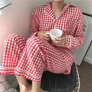 2021 De La Moda De Manga Larga Pijamas De Mujer A Cuadros Pijama Conjunto De Dos Piezas Dulce Suave Casual Suelto Gire El Collar De La Ropa De Dormir
