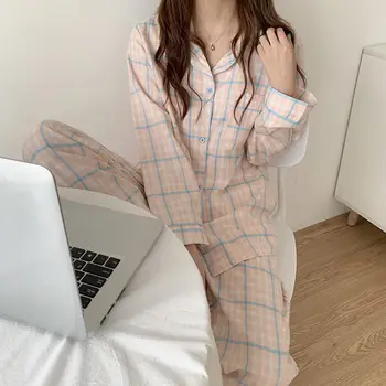 2021 De La Moda De Manga Larga Pijamas De Mujer A Cuadros Pijama Conjunto De Dos Piezas Dulce Suave Casual Suelto Gire El Collar De La Ropa De Dormir
