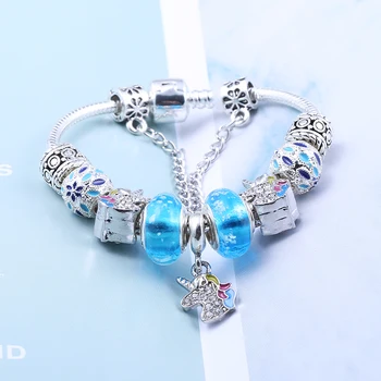 2021 Nueva Linda Cristal Azul Unicornio Encanto Pulsera de Plata de Color de Perlas Luminosas Pulseras para Mujer Chica Joyería de Moda de Regalo