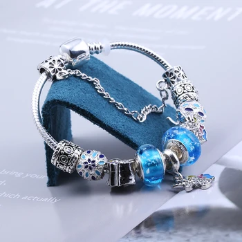 2021 Nueva Linda Cristal Azul Unicornio Encanto Pulsera de Plata de Color de Perlas Luminosas Pulseras para Mujer Chica Joyería de Moda de Regalo