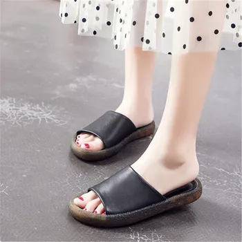 2021 Nueva Moda de Verano Sandalias o Zapatos Abiertos Mujer Llena de Cuero Genuino Zapatillas, tv de Fondo Suave Desgaste antideslizante Casual Zapatillas