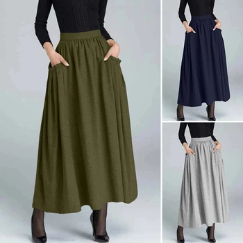 2021 Primavera de la Mujer de Maxi Faldas Celmia Otoño de Tamaño Más Casual Cintura Alta cierre de Cremallera Plisado Delgada Falda de Moda Sólido Falda Larga de 7