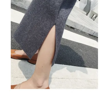 2021 Vintage otoño invierno gruesa de Una Línea de suéter de las faldas de las Mujeres dividir el lado femenino de punto faldas de largo elegante lazo de la cachemira de la Falda 4852