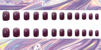 24Pcs/Caja Llena de Cubierta Corto Falsas Uñas Puro Púrpura Brillante Dulce de Color Artificial postizas Completas Envuelto Consejos de Estilo francés