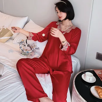 2PCS ropa de dormir de Lencería Íntima de las Mujeres del Satén de los Pijamas Traje de Verano Nuevos Pijamas Casual Albornoz de Seda Encaje Camisa y Pantalones Conjunto