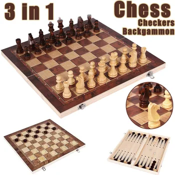 3 en 1 Juego de Ajedrez de Madera de Backgammon Fichas de Ajedrez Conjunto de Piezas de Ajedrez de Madera con Tablero de ajedrez Plegable para Regalo o Juguete de Ajedrez