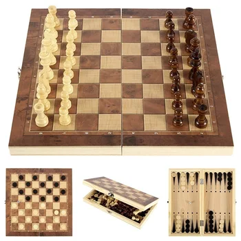 3 en 1 Juego de Ajedrez de Madera de Backgammon Fichas de Ajedrez Conjunto de Piezas de Ajedrez de Madera con Tablero de ajedrez Plegable para Regalo o Juguete de Ajedrez