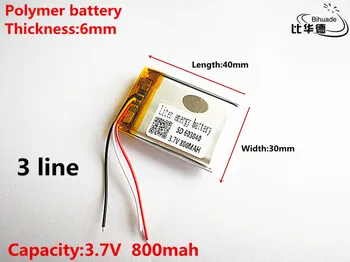 3 línea de Buen Qulity 3.7 V,800mAH,603040 de Polímero de litio ion / Li-ion de la batería de JUGUETE,BANCO de POTENCIA,GPS,mp3,mp4