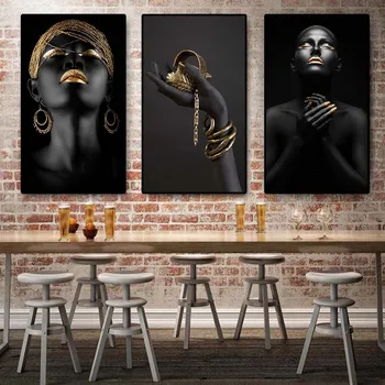 3 Paneles de Mano Negra Africana Desnuda Espectador Mujer, Óleo sobre tela, Carteles y Grabados de la Pared del Arte de la Imagen para la Sala de estar