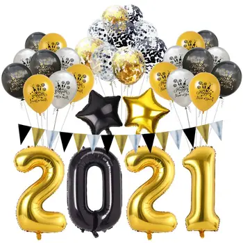 34Pcs/Set dorado y Negro, globos de Látex Feliz Año Nuevo 2021 Balón de Año Nuevo, Víspera de la Fiesta de las Vacaciones de la Fiesta de Navidad de la Decoración de Suministros