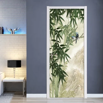 3D de la Puerta de la etiqueta Engomada de Murales de papel Tapiz Pintado a Mano de Bambú de Aves de Bosque de Imagen de vinilos Dormitorio Sala de estar de la Puerta Pegatinas de Decoración para el Hogar