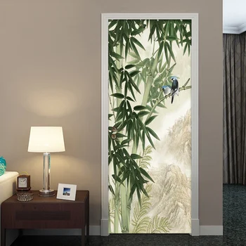 3D de la Puerta de la etiqueta Engomada de Murales de papel Tapiz Pintado a Mano de Bambú de Aves de Bosque de Imagen de vinilos Dormitorio Sala de estar de la Puerta Pegatinas de Decoración para el Hogar