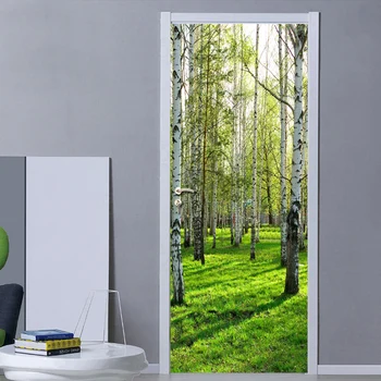 3D de la Puerta de la etiqueta Engomada Verde Bosque de Árboles de Murales de papel Tapiz de Inicio de la Puerta de la Sala de BRICOLAJE Puerta Pegatinas de Vinilo de PVC Auto-adhesivo de la Puerta de fondo de pantalla