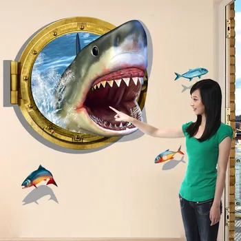 3D Tiburón ojo de buey Vistas Extraíble etiqueta Engomada de la Pared del PVC del Mural de la Calcomanía de Niños Decoración para el Hogar en Kindergarten Dormitorio Sofá de la Pared Calcomanías IC880679