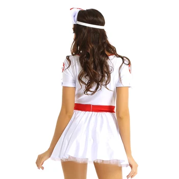 3Pcs Mujeres Adultos de Enfermera Traviesa Traje de Cosplay de Halloween Traje de Fiesta Escote corazón Vestido Mini con la cabeza y Cinturón 73704