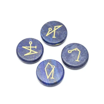 4 PCS Chakra Piedras de lapislázuli Grabados los Símbolos de la forma Redonda Pulida Palma de Piedra Reiki Cristal Natural de la Adivinación de Piedra