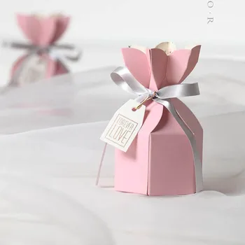 40PCS Tiffany Y Color de Rosa Forma de Jarrón de papel de la Caja de Regalo de boda de Candy Box cajas de chocolate de la Ducha del Bebé Favor de la Caja con cinta de opciones