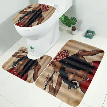 4pcs de las Niñas Africanas prueba de agua de Baño Cortina de Ducha Conjunto antideslizante alfombra de Baño, Alfombras de impresión 3D de Baño de Poliéster Cubierta Mat Conjunto