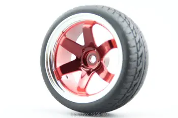 4pcs RC 1/10 de Goma Suave En Carretera Coche del Neumático del Neumático de la Llanta W6SCR 6mm Offset(Cromo+Pintura de color Rojo) 10016(6)+Llantas de Caucho