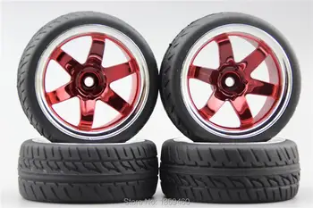 4pcs RC 1/10 de Goma Suave En Carretera Coche del Neumático del Neumático de la Llanta W6SCR 6mm Offset(Cromo+Pintura de color Rojo) 10016(6)+Llantas de Caucho