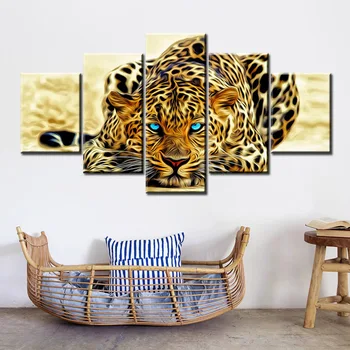 5 Paneles HD Digital de Impresión de Leopardo Viendo a su Presa Animal Abstracto Pintura al Óleo sobre Lienzo Arte de la Pared de la Imagen para el Sofá de la Sala