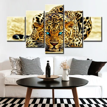 5 Paneles HD Digital de Impresión de Leopardo Viendo a su Presa Animal Abstracto Pintura al Óleo sobre Lienzo Arte de la Pared de la Imagen para el Sofá de la Sala
