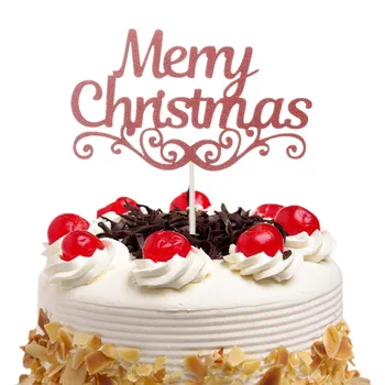 50 piezas/lote Merry Christmas Cake Toppers Banderas Niños Feliz Cumpleaños Brillo de la Magdalena de la Chistera de la Boda de la Ducha del Bebé Partido de BRICOLAJE de Hornear