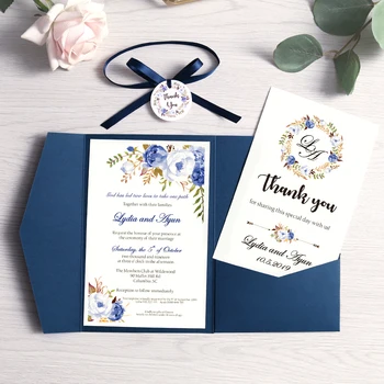 50pc Invitación de la Boda Rosa de Borgoña, Azul marino Tarjeta de Felicitación con la Envolvente Parte Con Cinta y Etiqueta