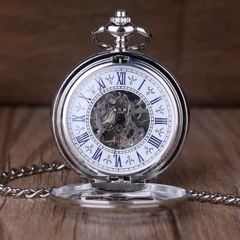 5pcs de Moda colgante de Plata Mecánico Reloj de Bolsillo de Doble Abierto Con Cadena de Metal Steampunk Reloj Número Romano Unisex