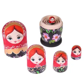 5pcs/Set Negro Rojo Chica rusa de Matryoshka Muñecas Conjunto de Juguete de Madera, Muñecas de Anidación Mejor regalo de Cumpleaños de Navidad Manualidades Juguetes de Regalo para los Niños