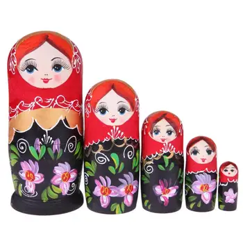 5pcs/Set Negro Rojo Chica rusa de Matryoshka Muñecas Conjunto de Juguete de Madera, Muñecas de Anidación Mejor regalo de Cumpleaños de Navidad Manualidades Juguetes de Regalo para los Niños