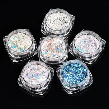 6pcs Azul de colores de Uñas Glitter Conjunto Holográfica Láser Polvo de Escamas Brillan Manicura Ultra Delgada de Lentejuelas Chrome de Uñas de Arte de Pigmento