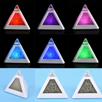 7 LED de Inicio del Escritorio de la Oficina de la Pirámide Digital del Color de la Retroiluminación siempre cambiante de la Tabla de Reloj de Alarma de Temperatura del Termómetro Calendario de la Fecha y Hora