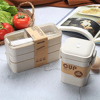 900 ml Portátil Saludable Material de la Caja de Almuerzo de 3 Capa de Paja de Trigo las Cajas Bento Microondas Vajilla de Almacenamiento de Alimentos Contenedor Foodbox