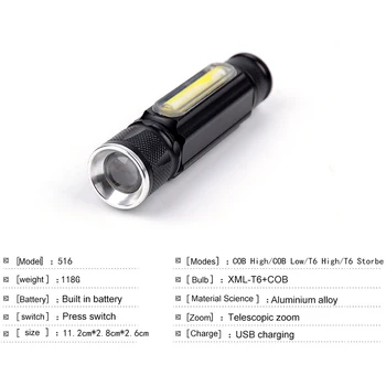 Aceptar Dropshiping Built-en la Batería de la Linterna de LED Recargable USB T6 Antorcha Lado de la MAZORCA de la Luz de la Linterna de la Cola Imán Lámpara de Trabajo z60
