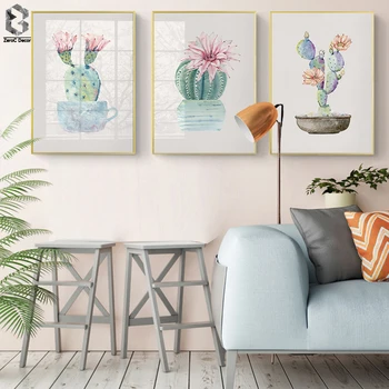 Acuarela Lienzo Impreso Cactus Pintura Cartel Botánico de la Pared la Imagen de la Flor para la Sala de estar Decoración de la Oficina