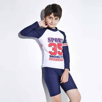 Adolescente de dos piezas traje de baño traje de baño de deporte de niños traje de camisa de manga larga y pantalones cortos azul