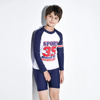 Adolescente de dos piezas traje de baño traje de baño de deporte de niños traje de camisa de manga larga y pantalones cortos azul