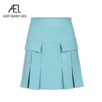 AEL Primavera Verano de la Mini Falda de las Mujeres Viscosa de Alta en la Cintura Una Línea de Ropa de Azul Y Rosa