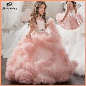 Aibaowedding de Lujo Hinchados de color Rosa Desfile de Vestidos para Niñas de Largo a los Niños Vestidos de fiesta Vestido de Tul Vestidos de Niña de Flores para la Boda